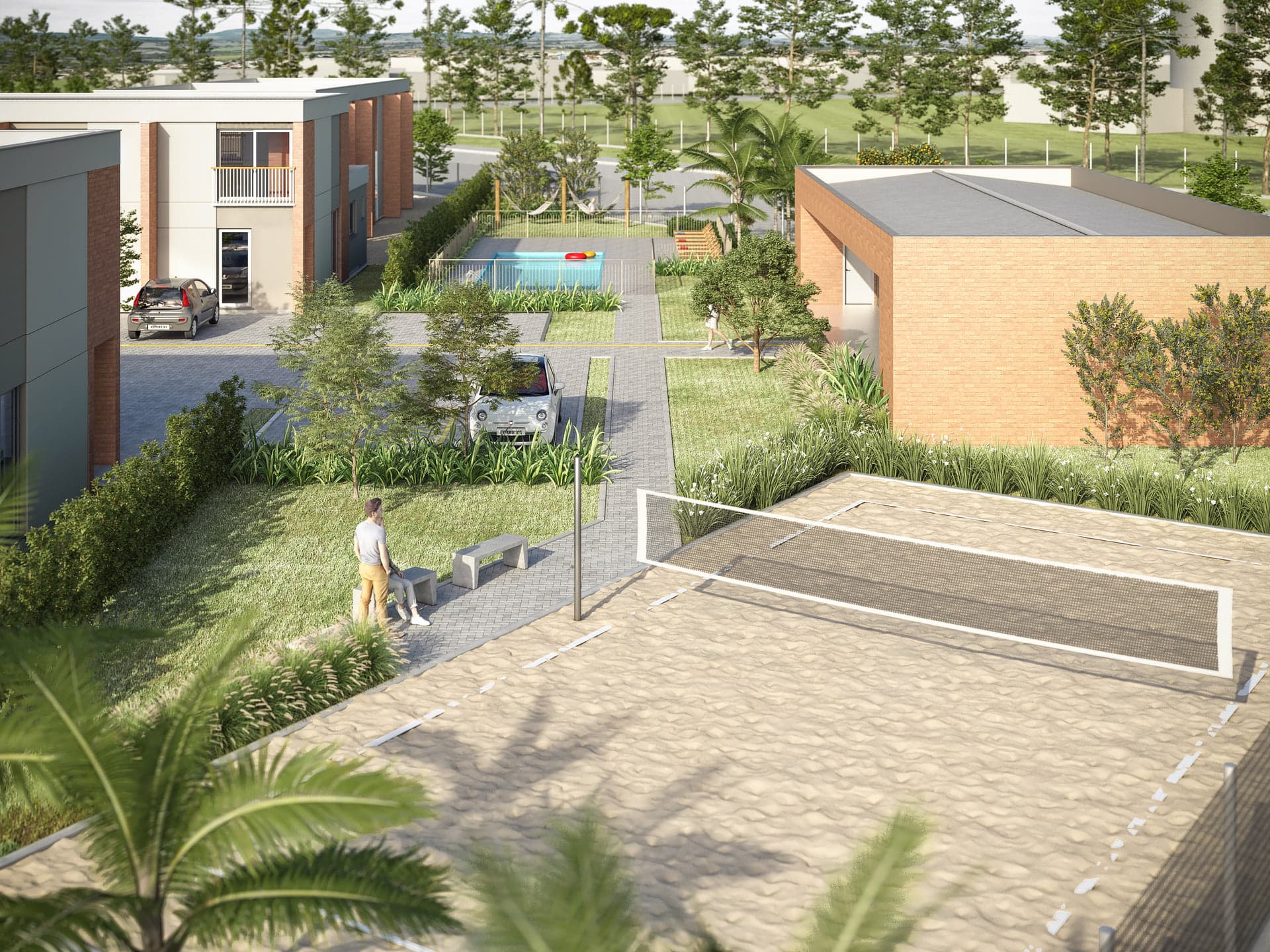 Render da área de lazer com quadra de beach tennis, redário e bancos