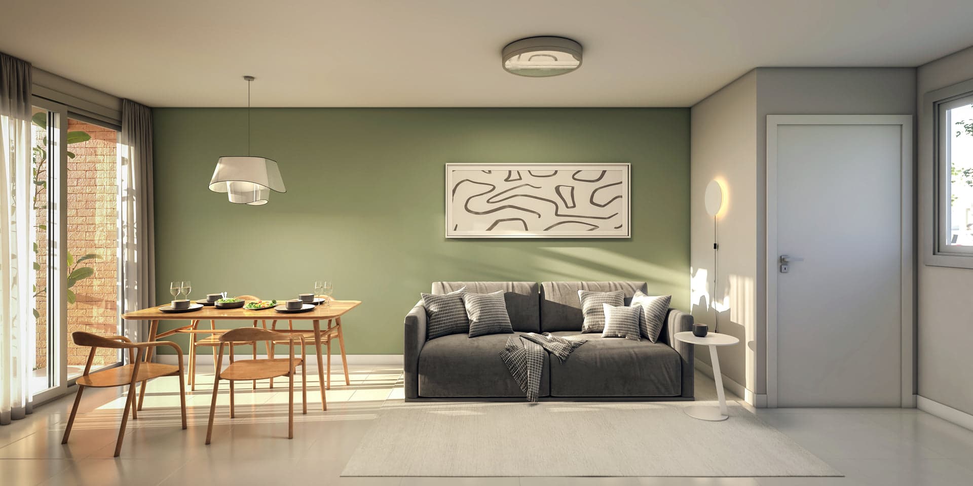Render da sala de estar e jantar de uma casa do Évora