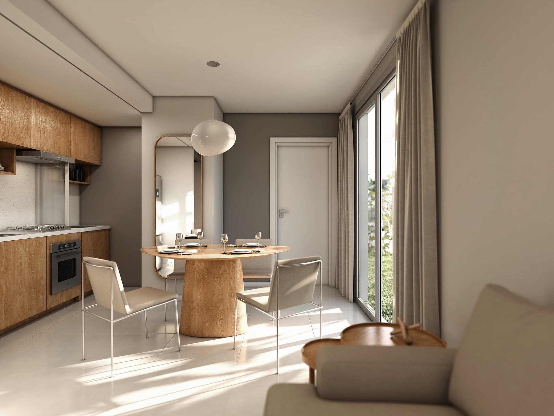 Render da cozinha integrada à sala de jantar