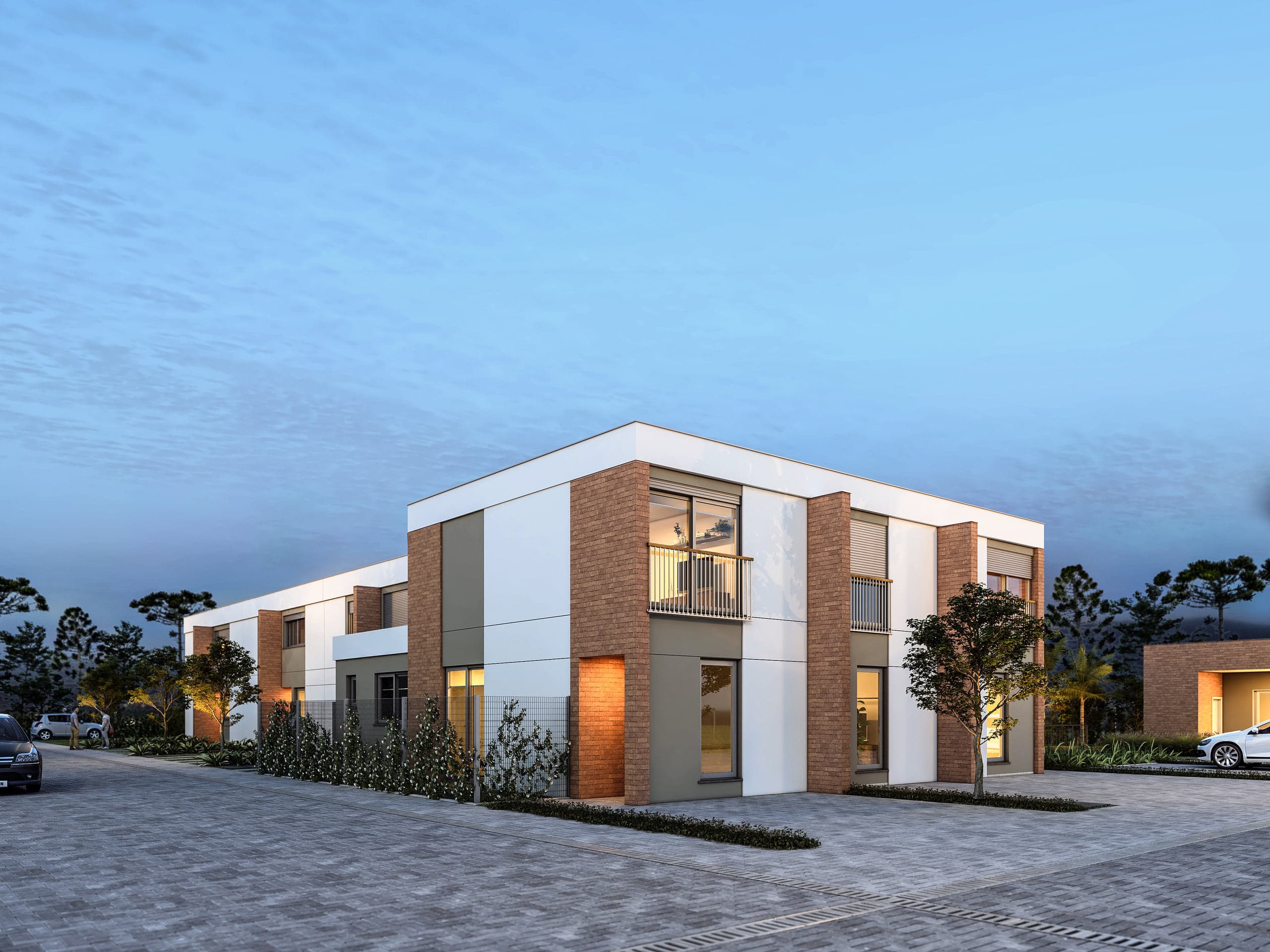 Render das fachadas das casas dos tipos B e C