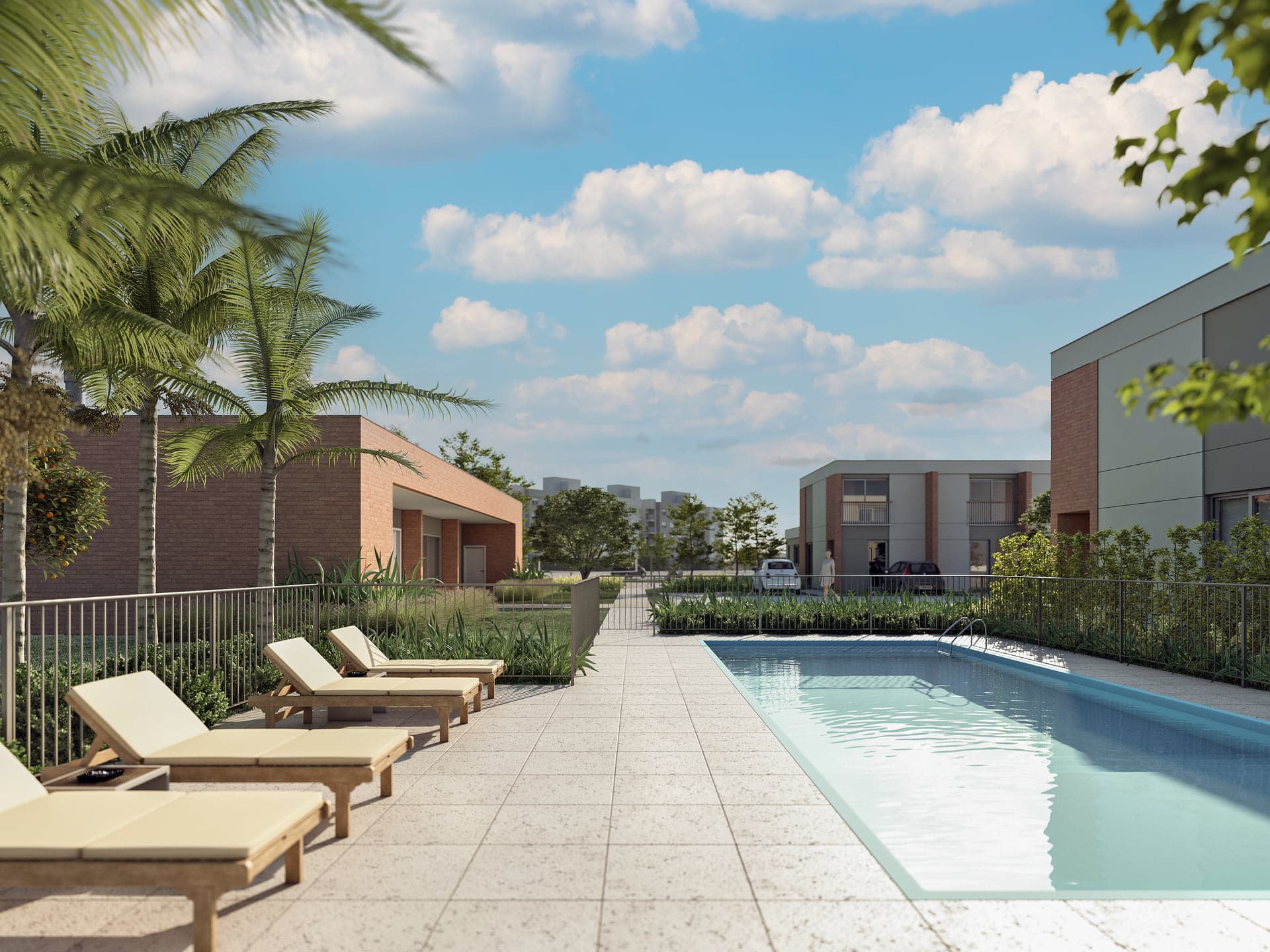 Render da piscina do Condomínio Évora, com deck e espreguiçadeiras