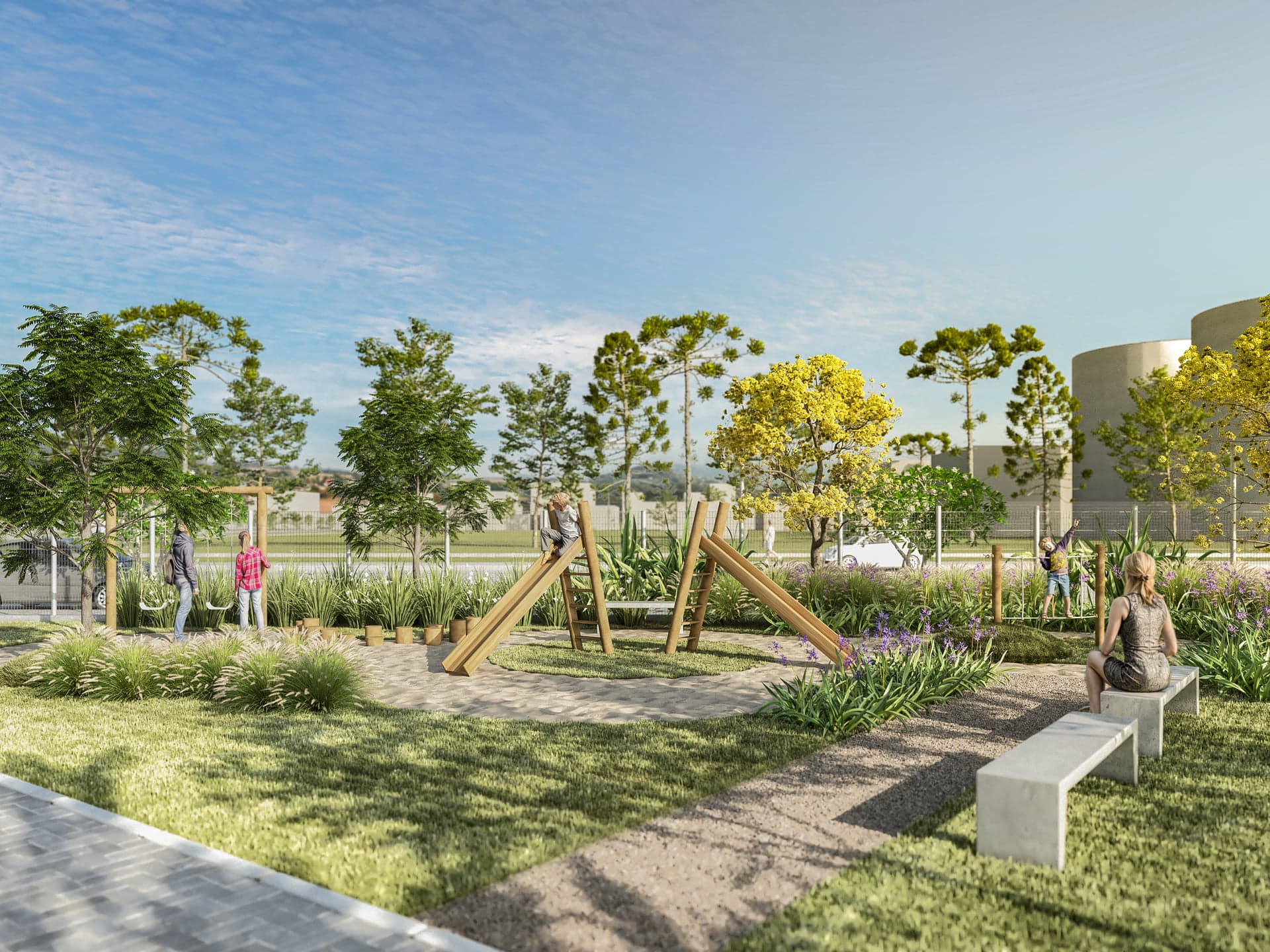Render do playground de madeira sobre areia