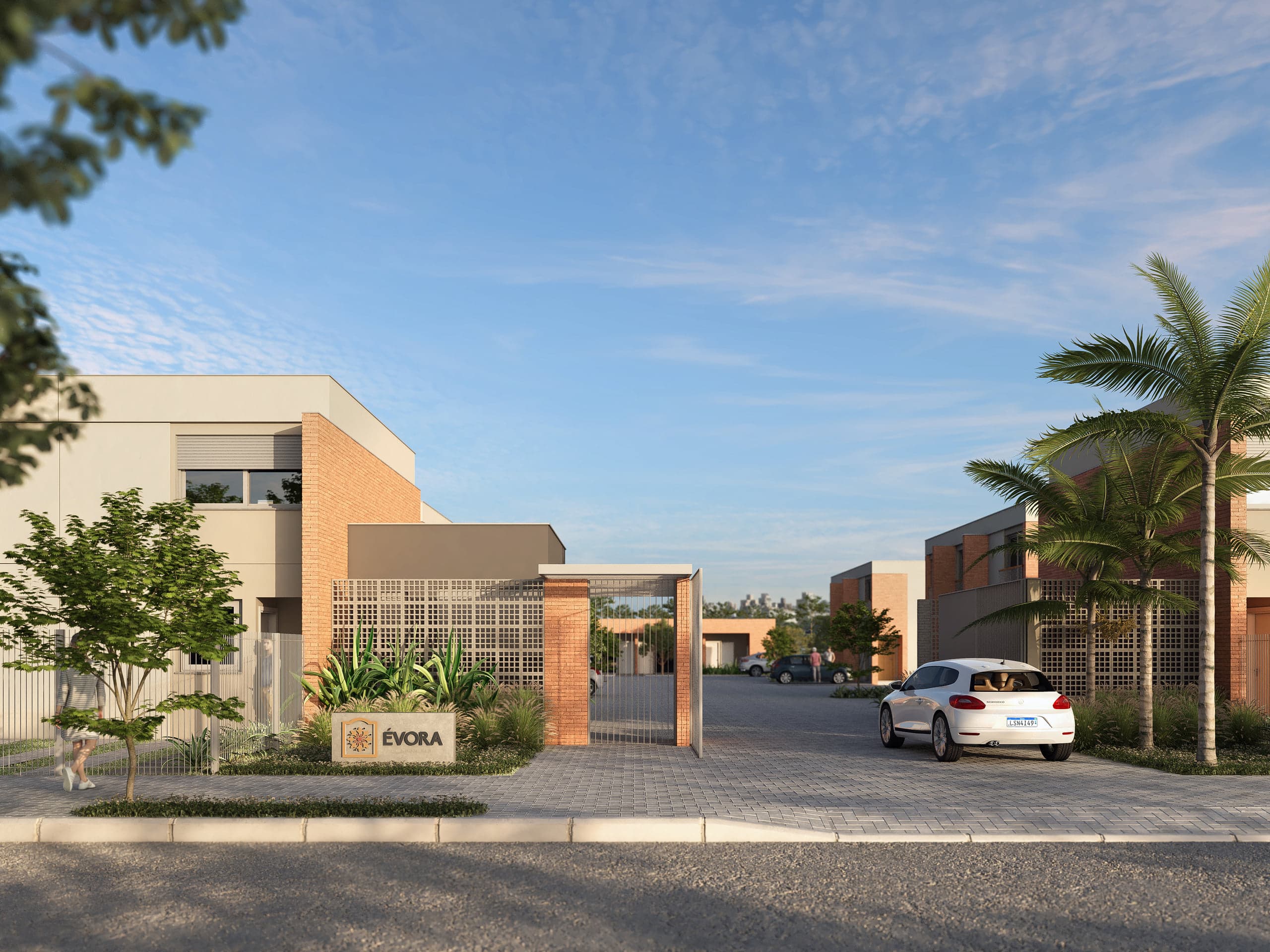 Render do pórtico de entrada do Condomínio Évora, com guarita, cobogó de tijolo e o totem Évora